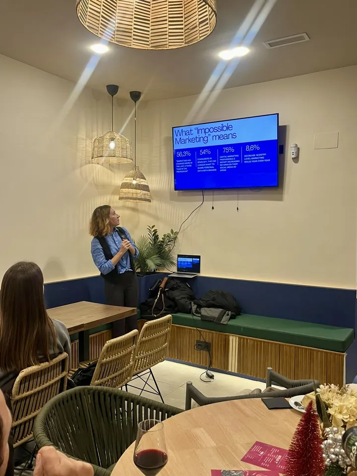 Elena Zhigalina giving a talk on Impossible Marketing in Madrid